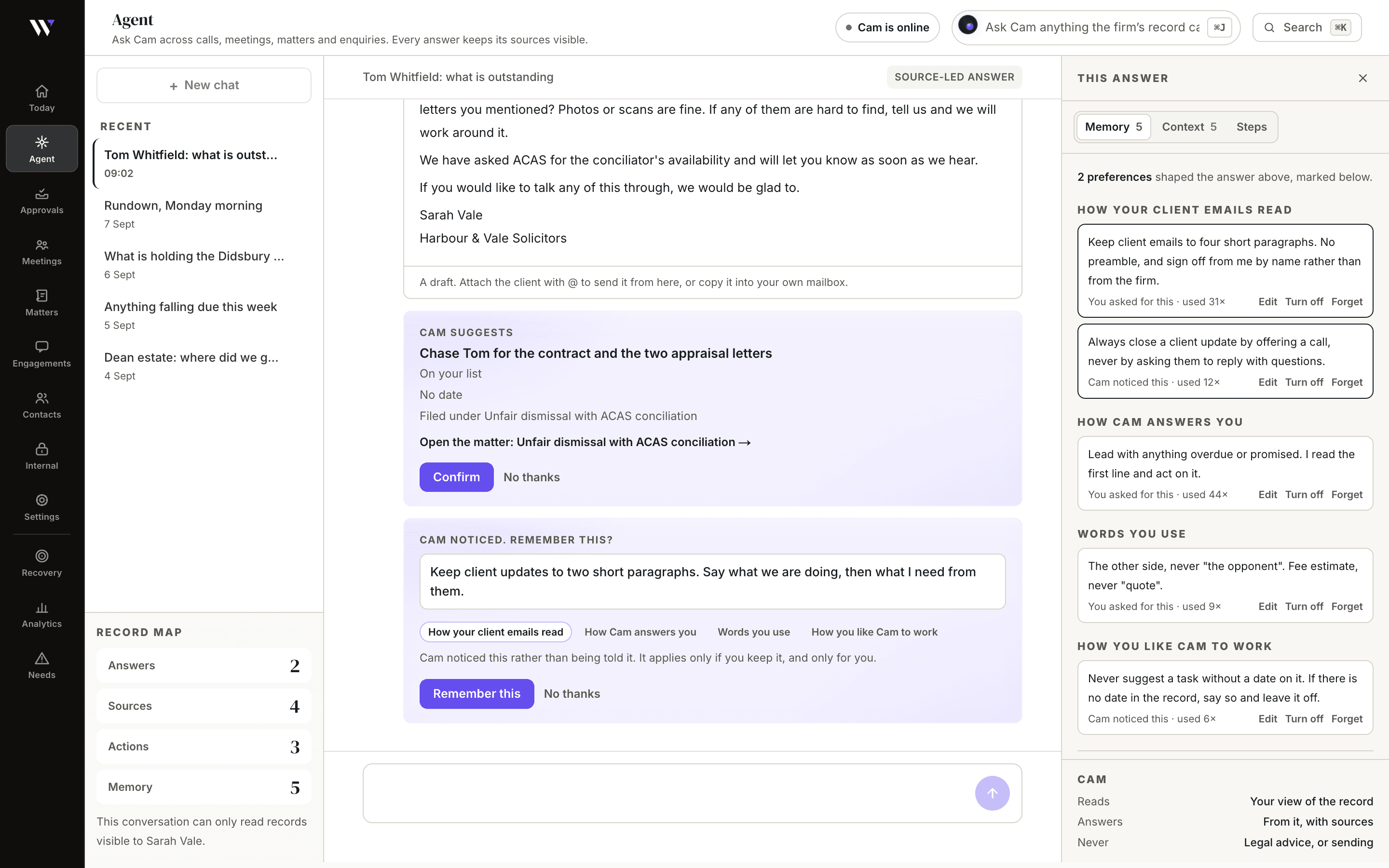 Cam answering from the firm's own record, with sources and memory controls visible.