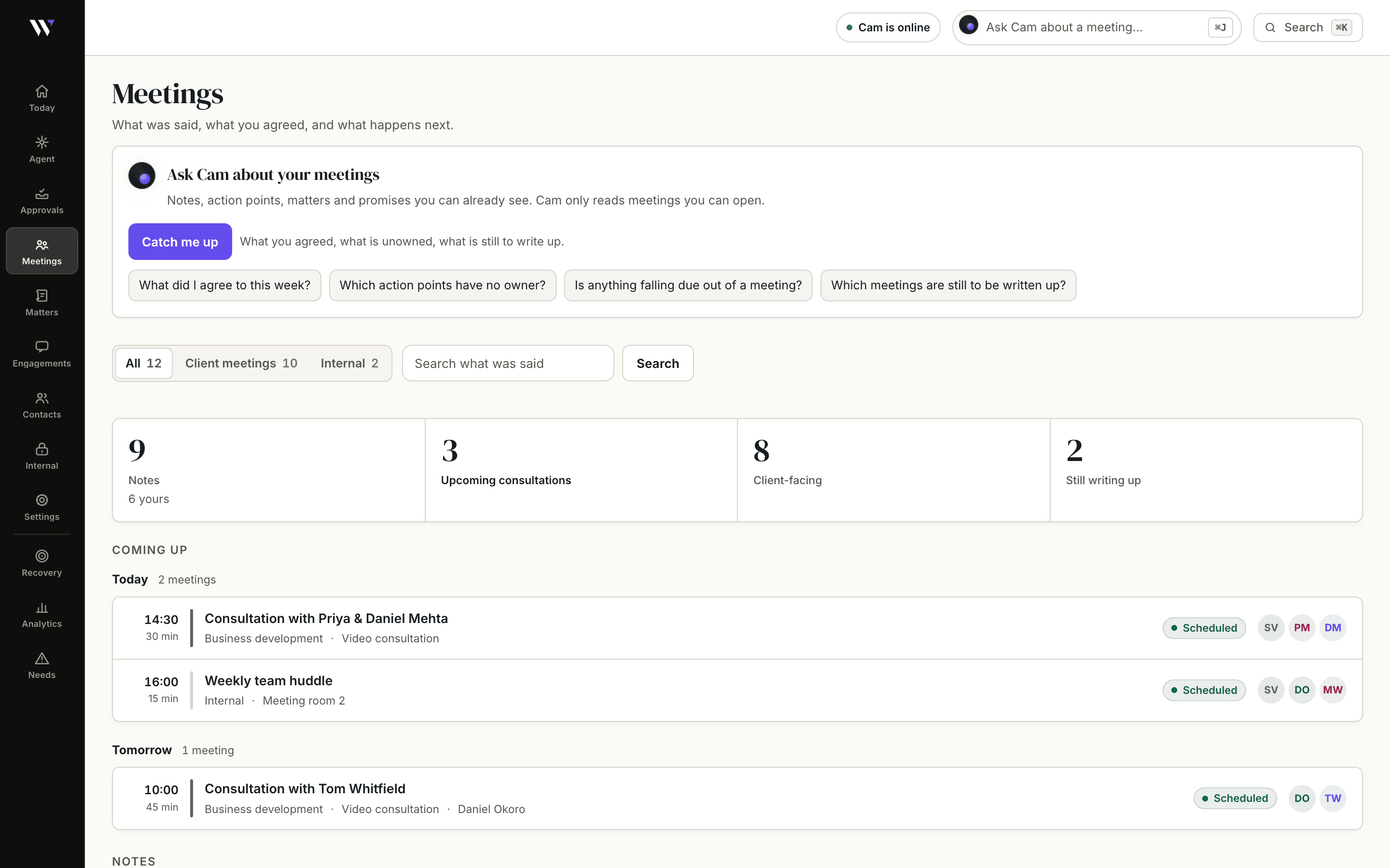 The WasilX meetings workspace showing meeting notes, actions and client follow-up.