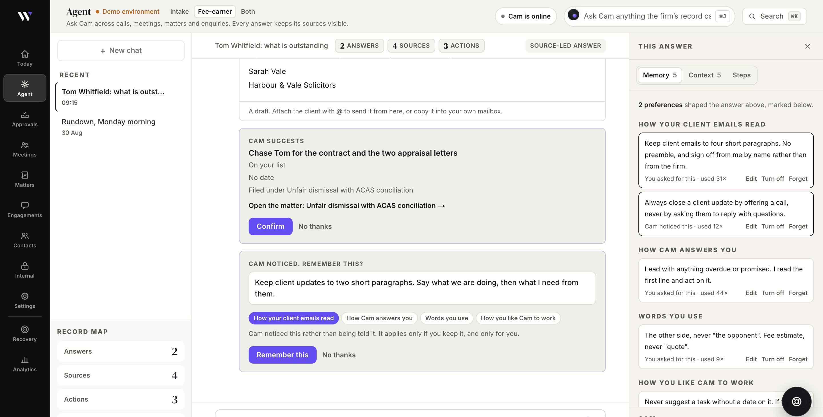 The WasilX agent screen: a drafted client email, a proposal card reading 'Chase Tom for the contract and the two appraisal letters' with a confirm button, and a right-hand rail showing the five standing preferences that shaped the answer.
