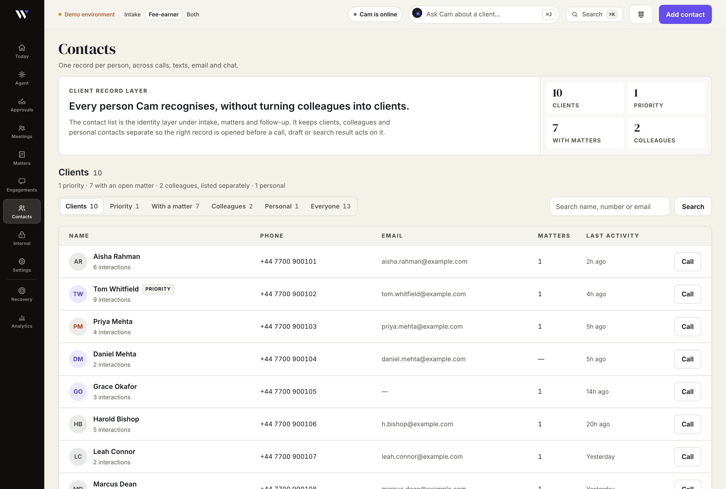 The WasilX contacts table: one row per person with their number, email, how many matters they are on and when the firm last heard from them. The last row is a caller the firm has a number for and no name, shown by their number rather than a guessed one.