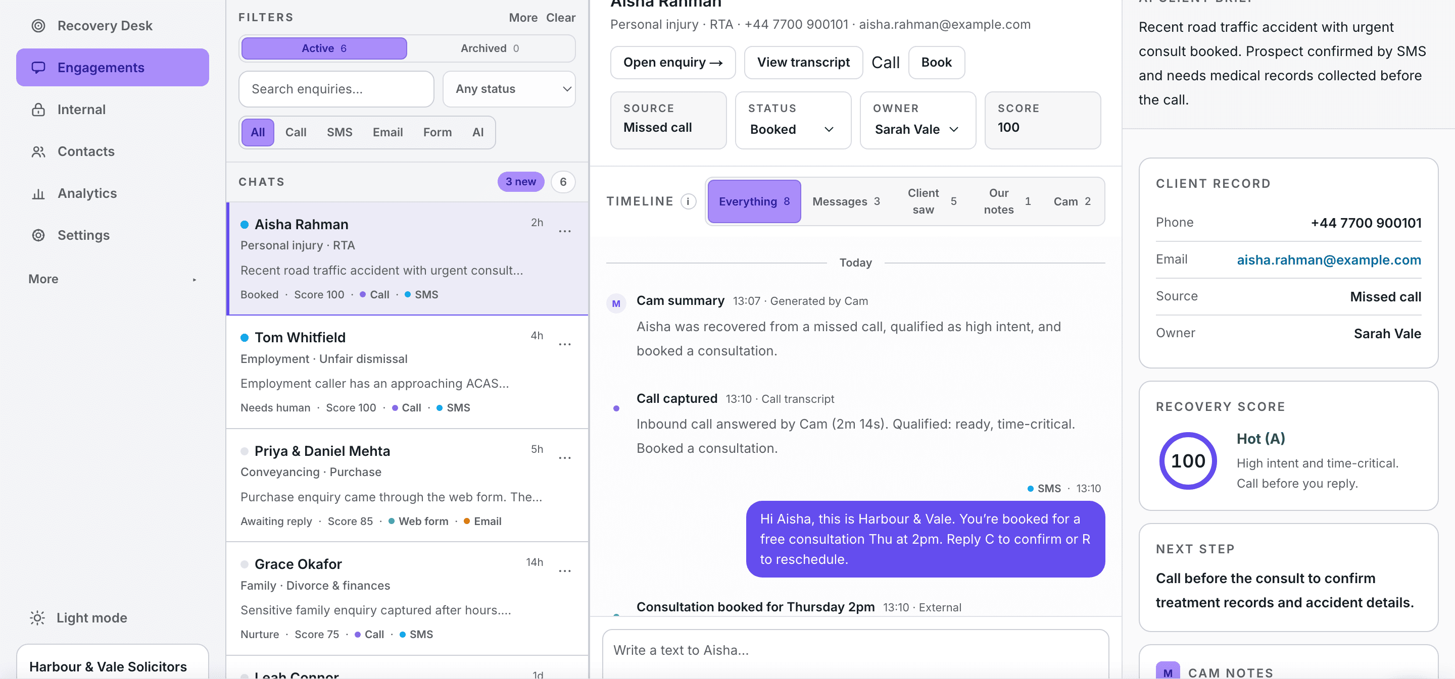 An enquiry record in WasilX: the conversation on the left, the timeline of what Cam captured in the middle, and the client brief, recovery score and next step on the right.