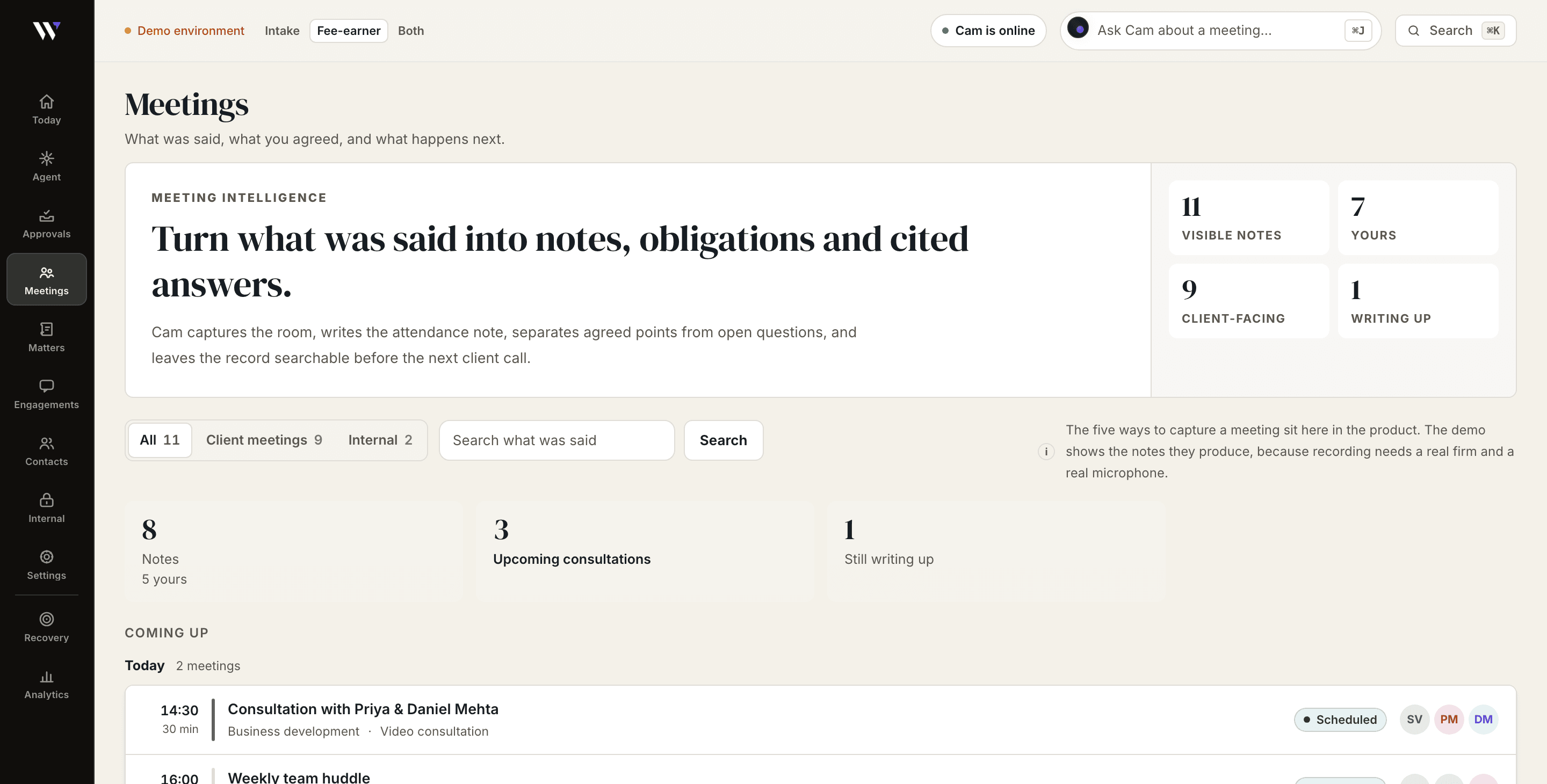 The WasilX meetings diary: consultations and internal meetings grouped by day with start times, durations and who was in the room, and a note still being written up.