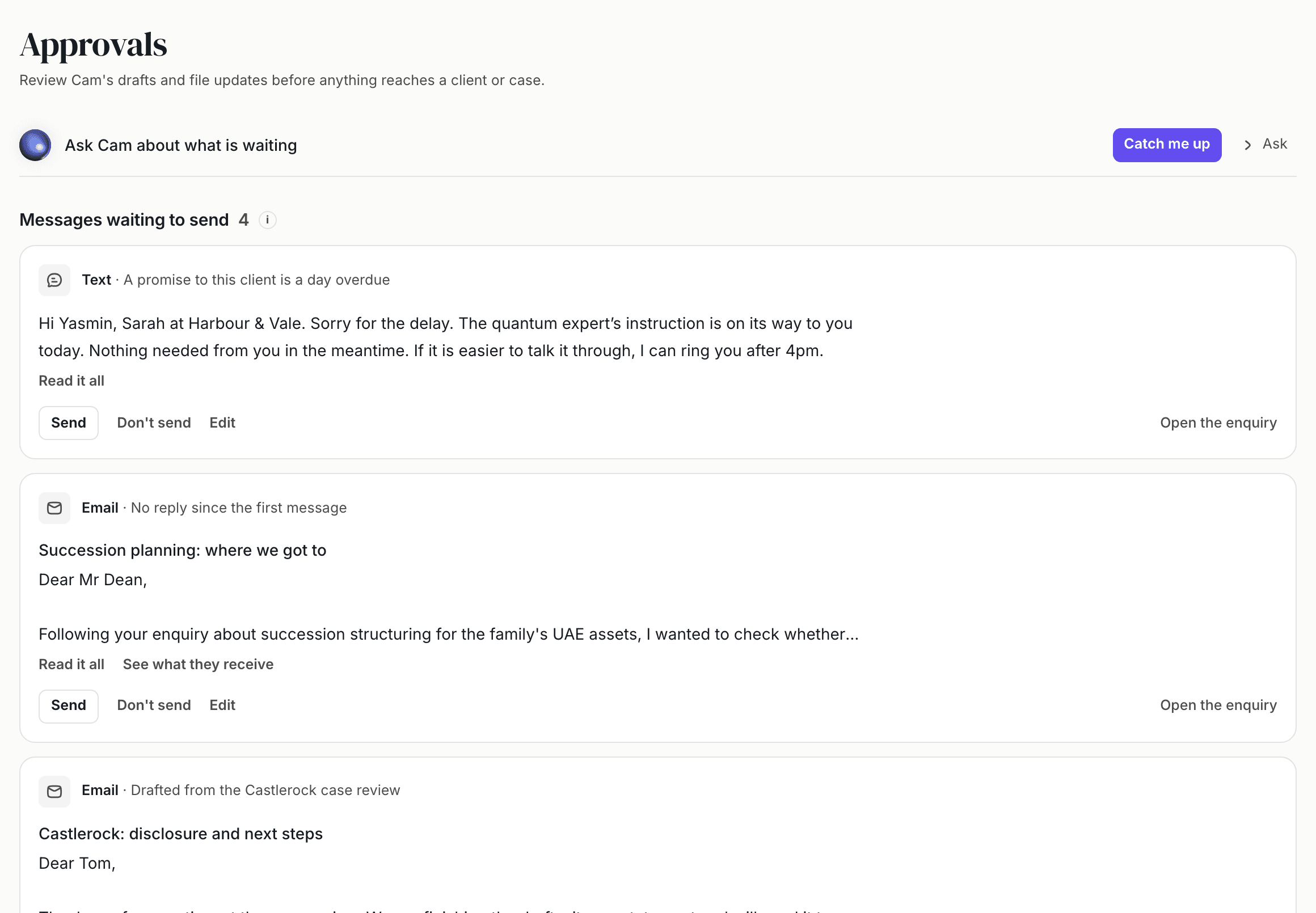 The Approvals queue in WasilX: messages Cam has drafted, each waiting for a person to send, decline or edit.