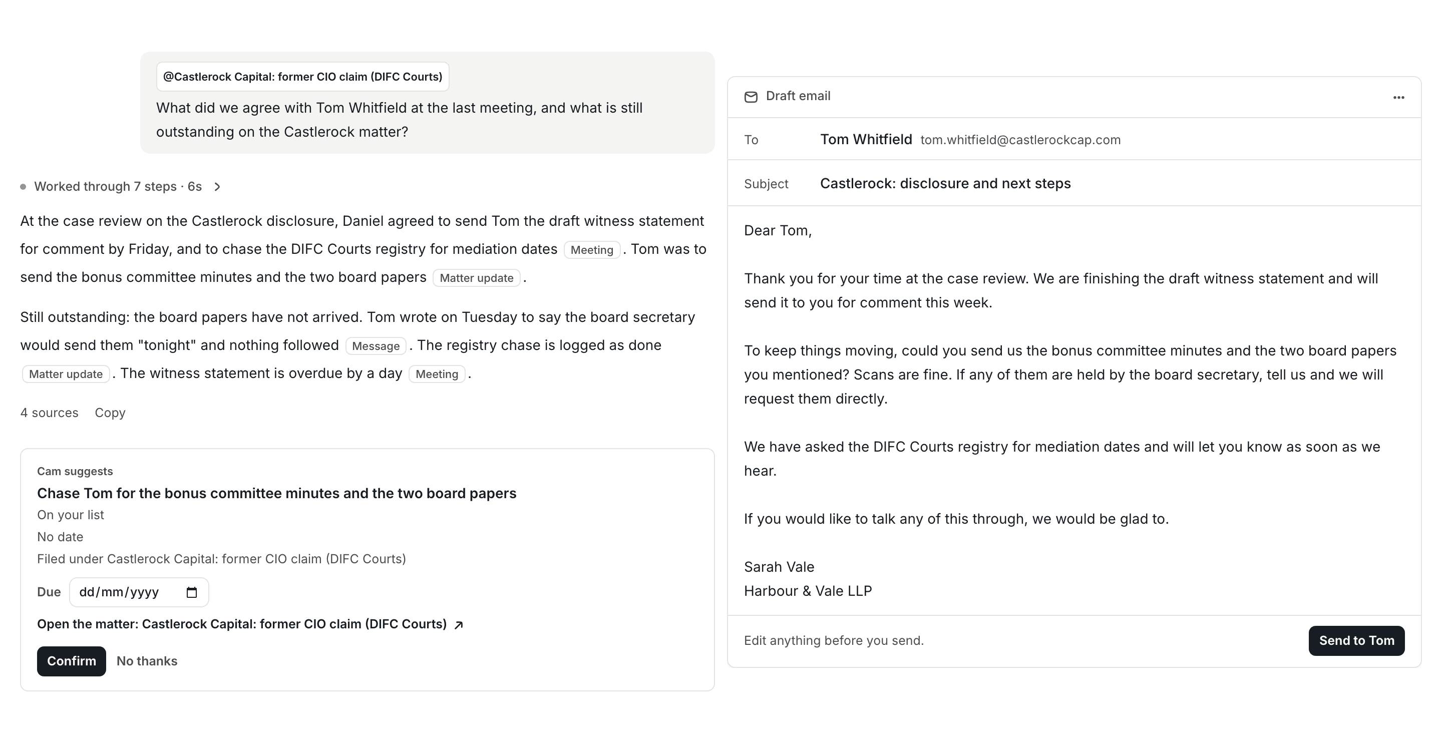 Ask Cam in WasilX: a question about a matter, an answer with its sources, a suggested task and a drafted email.