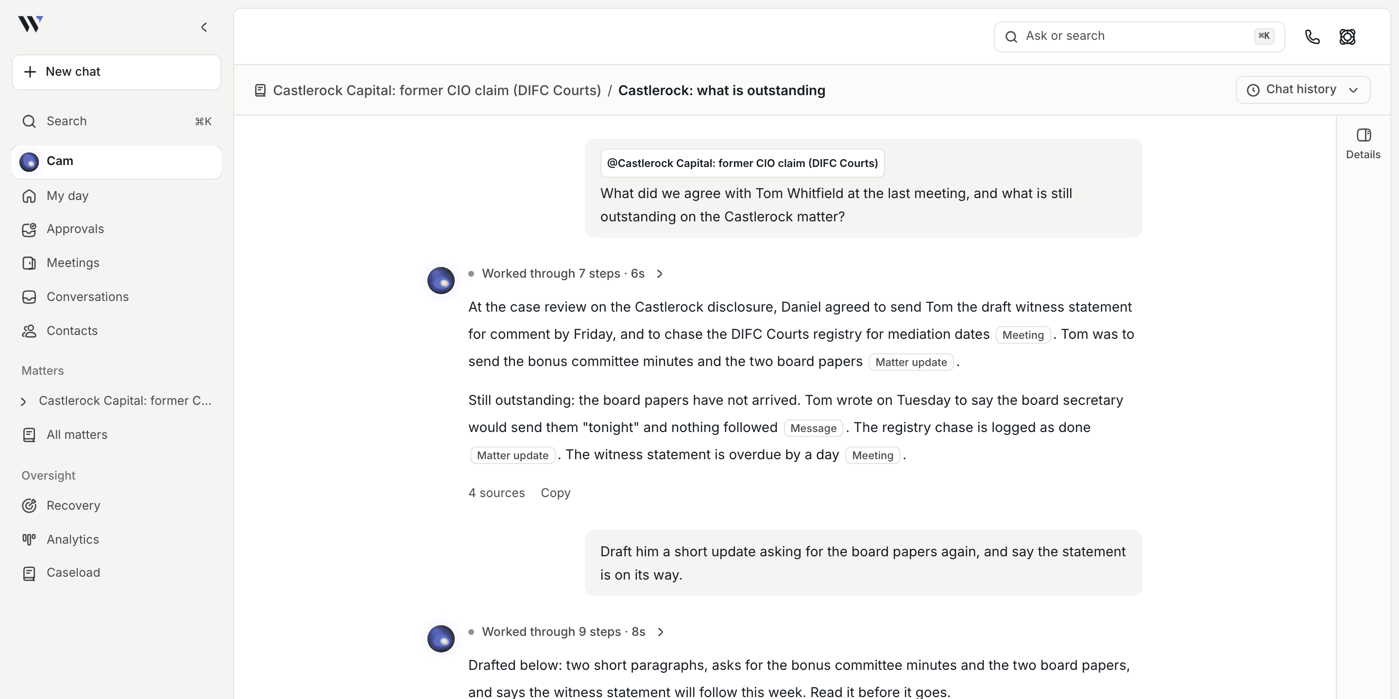 Ask Cam answering what was agreed with a client and what is still outstanding, with a meeting, a message or a matter update shown beside each point.