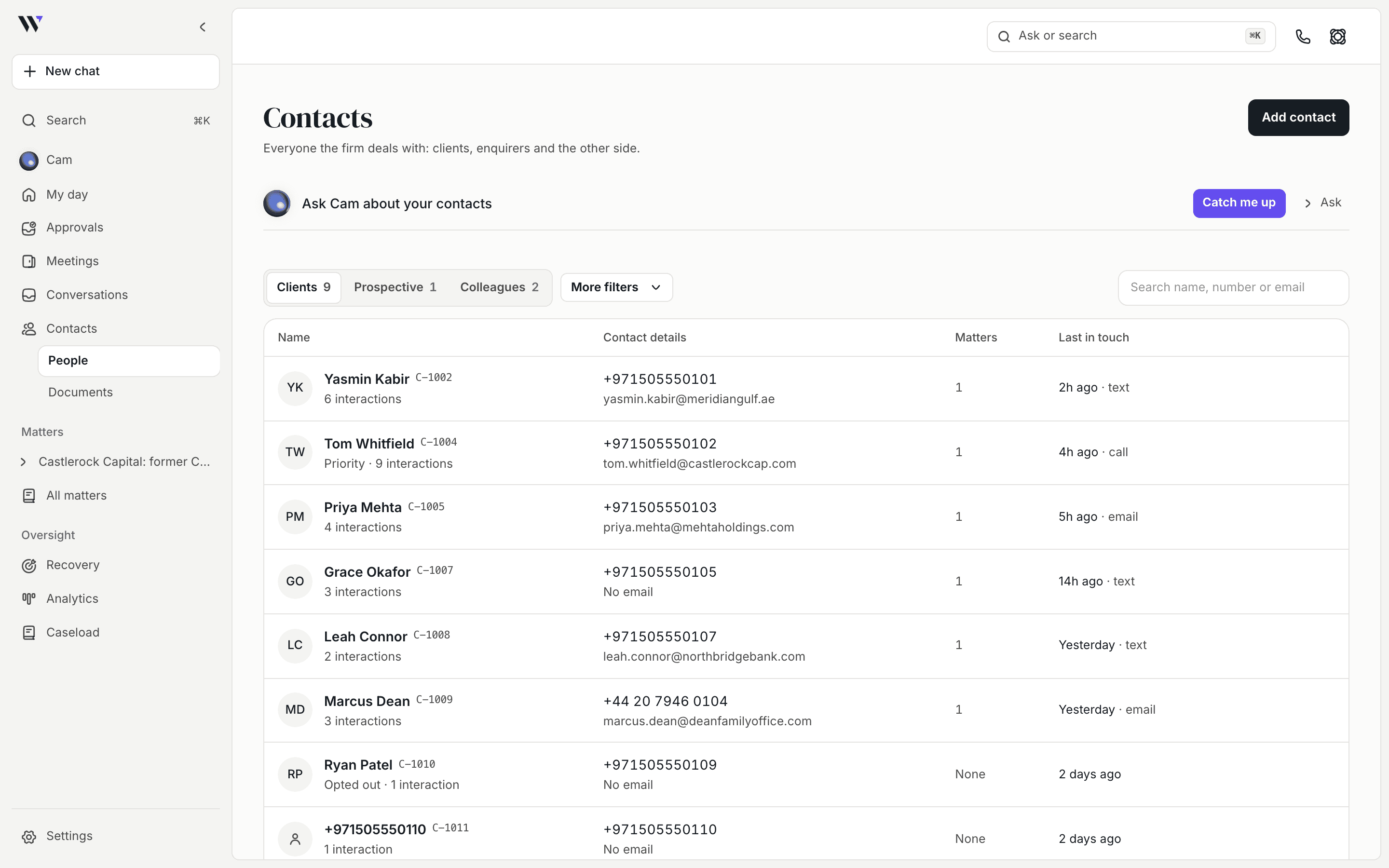 The WasilX contacts table: one row per person with number, email, matters and last activity.