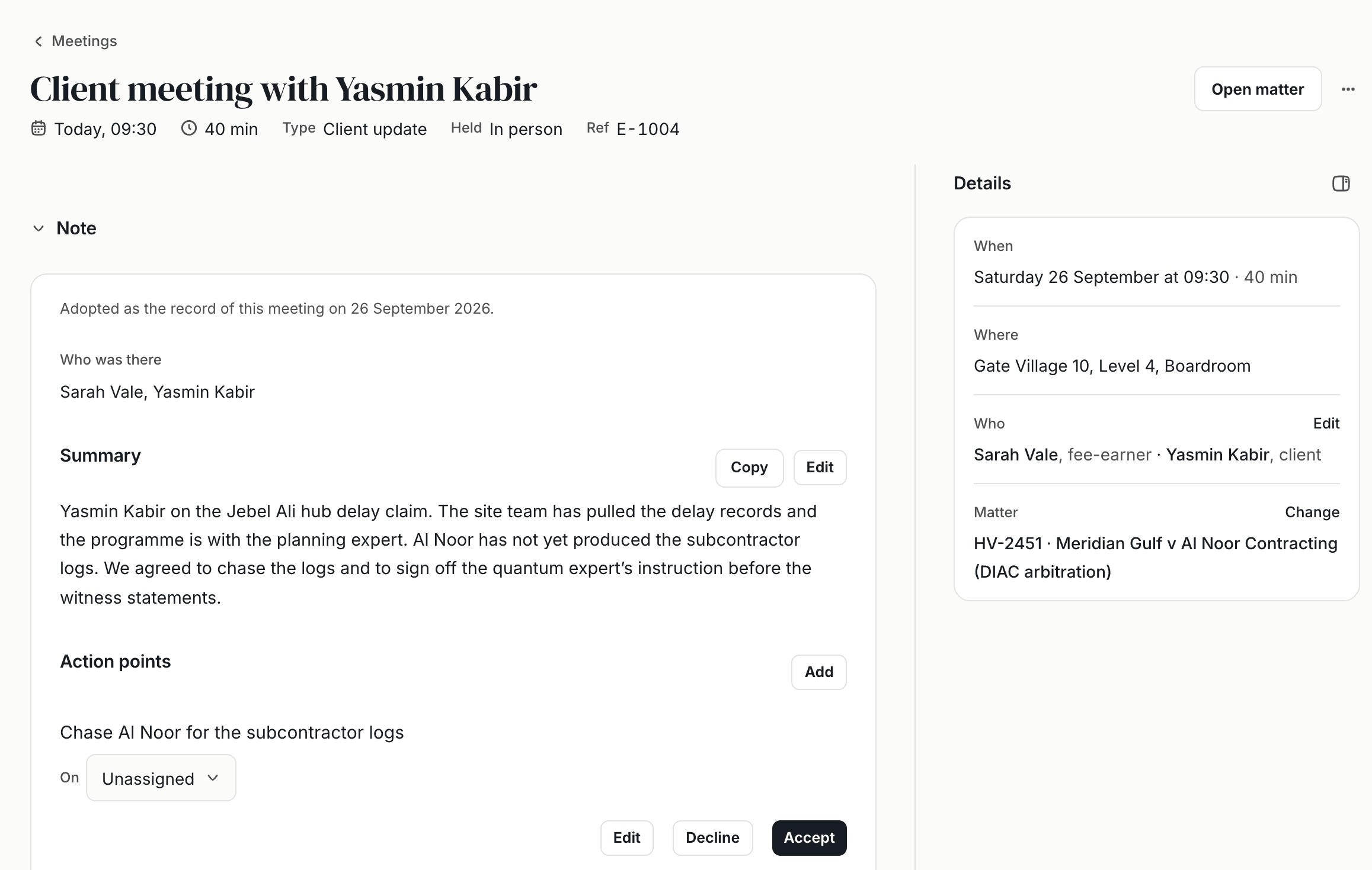 A client meeting written up in WasilX: a short summary and action points waiting to be accepted, filed on the matter.