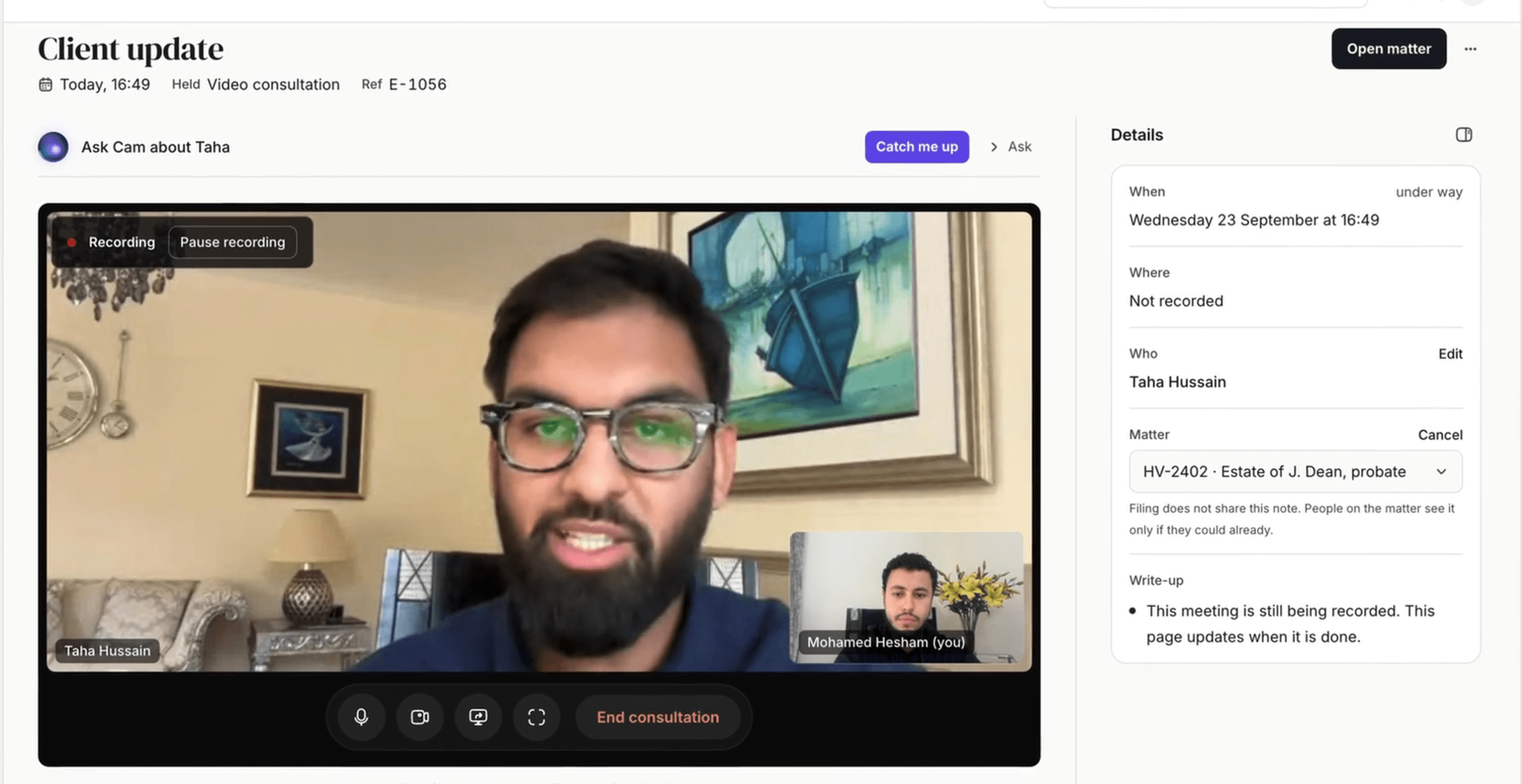 A video consultation in WasilX, recording, with the meeting's details and matter beside it.