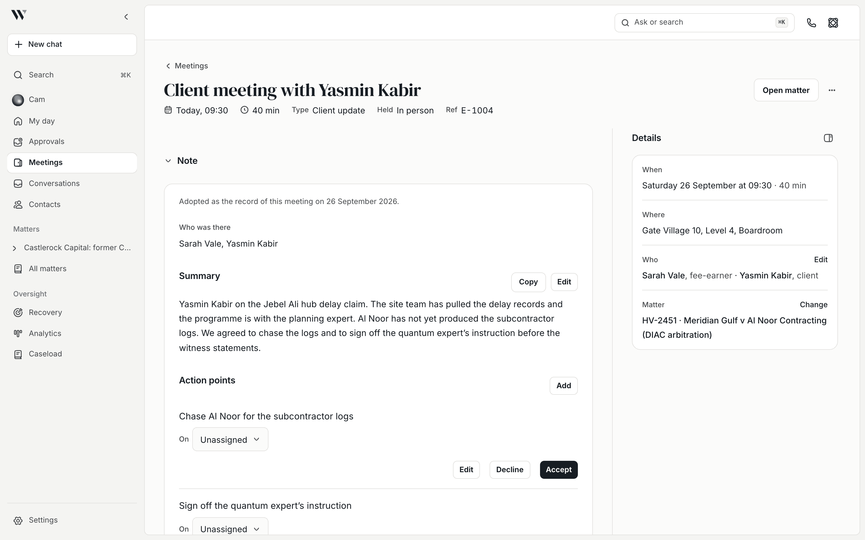 A client meeting written up on WasilX: who was there, a short summary, and action points waiting to be accepted, filed under the matter.