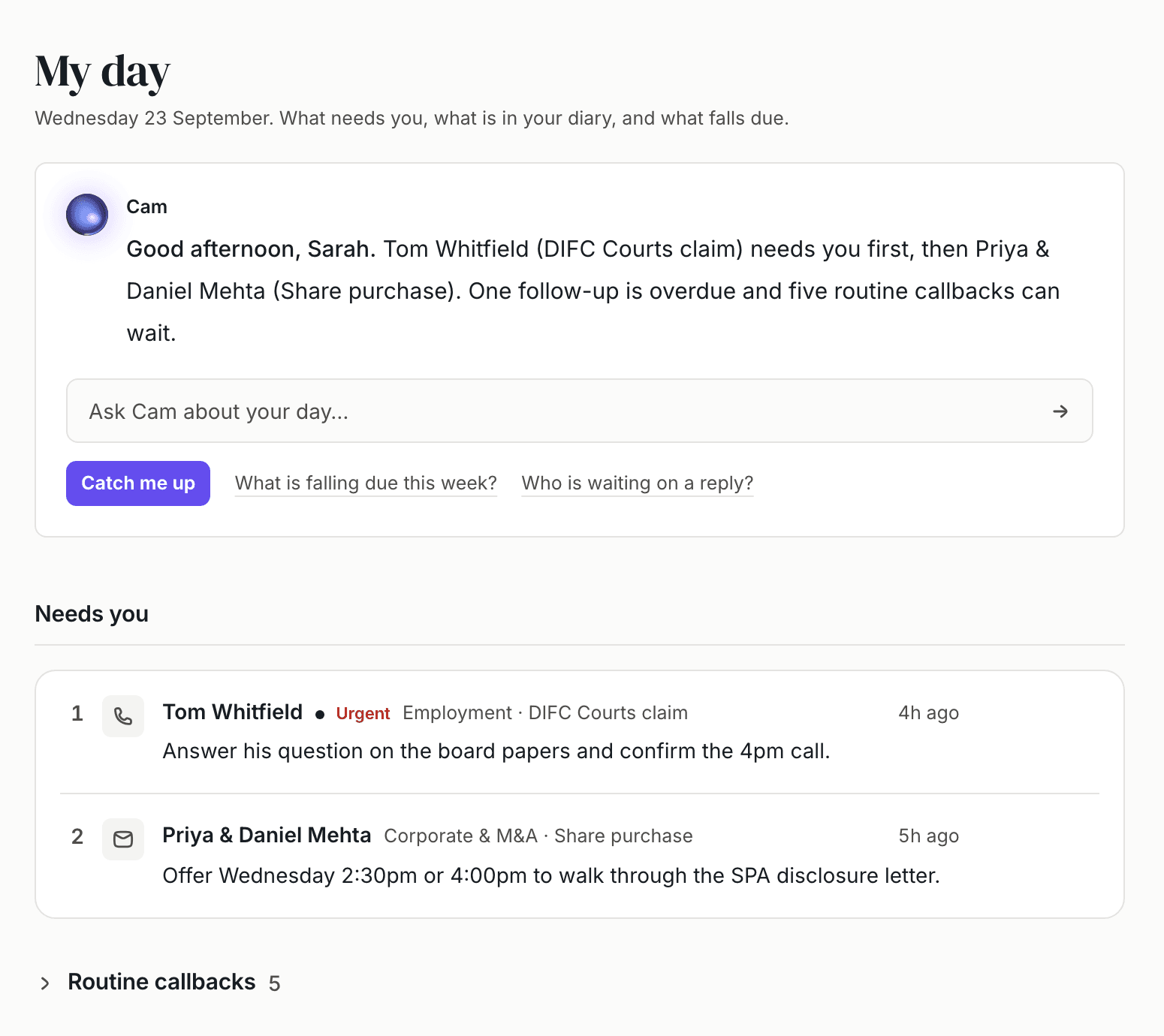 The fee-earner's day in WasilX: Cam's opening summary and the two clients who need a person first.